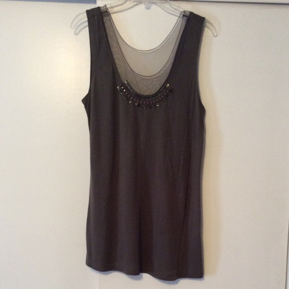 Embellished long tank top with netting at neck